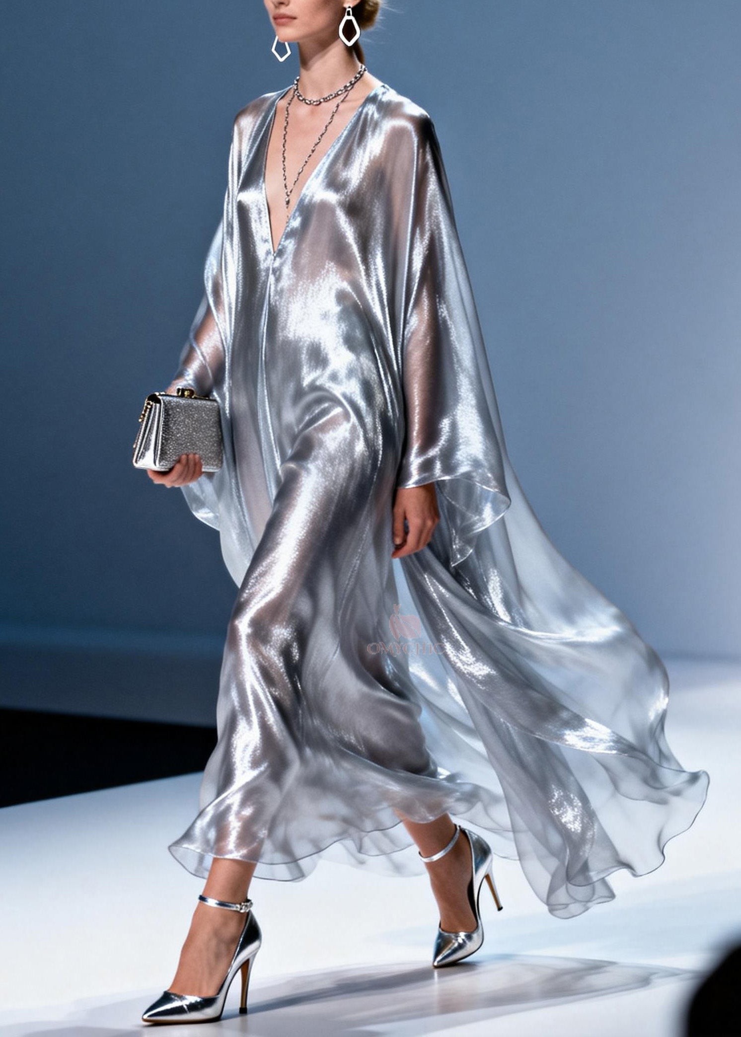 Metallic Chiffon Deep V-Neck Oversized Cape Sleeve Kaftan Maxi Gown