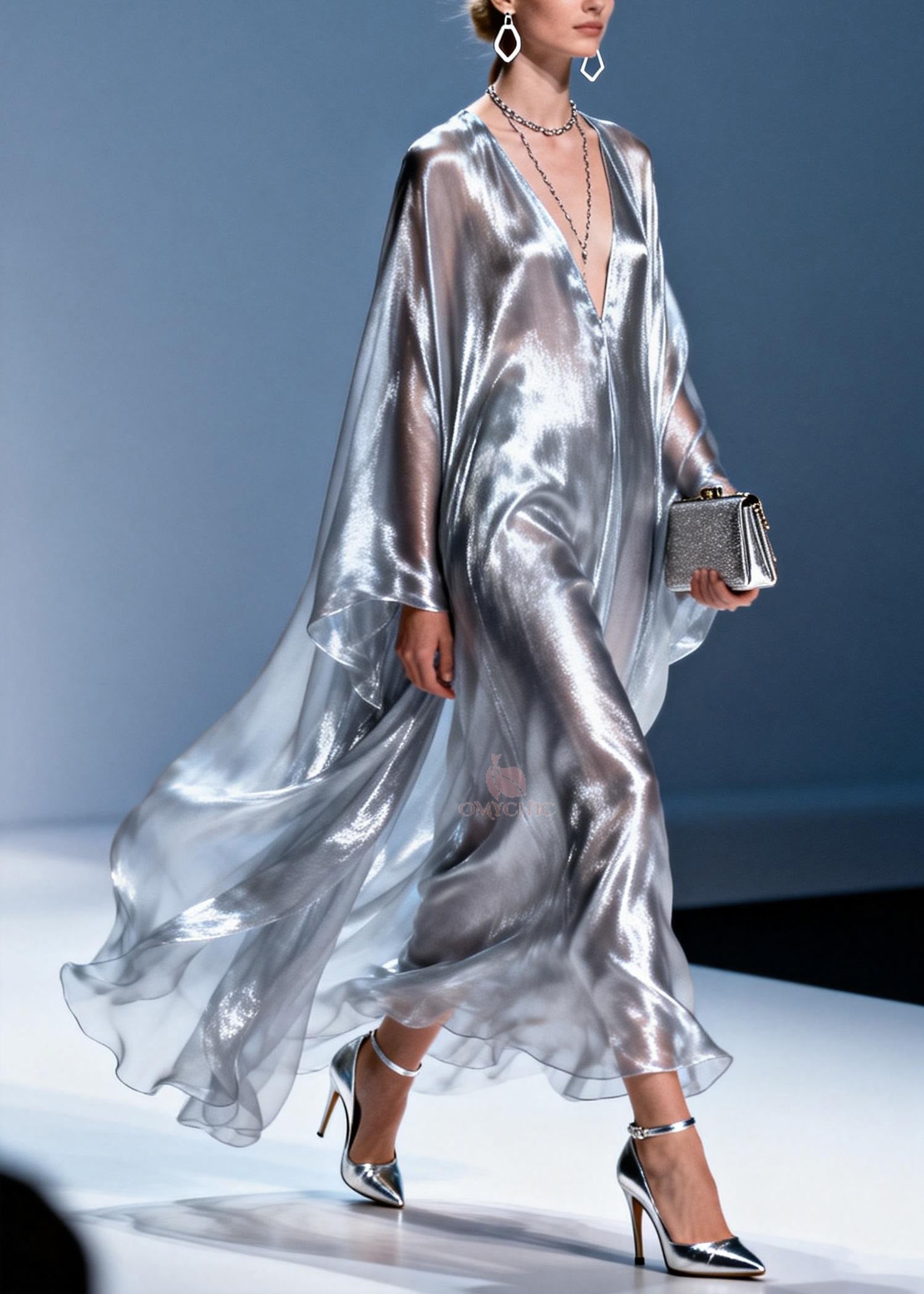 Metallic Chiffon Deep V-Neck Oversized Cape Sleeve Kaftan Maxi Gown