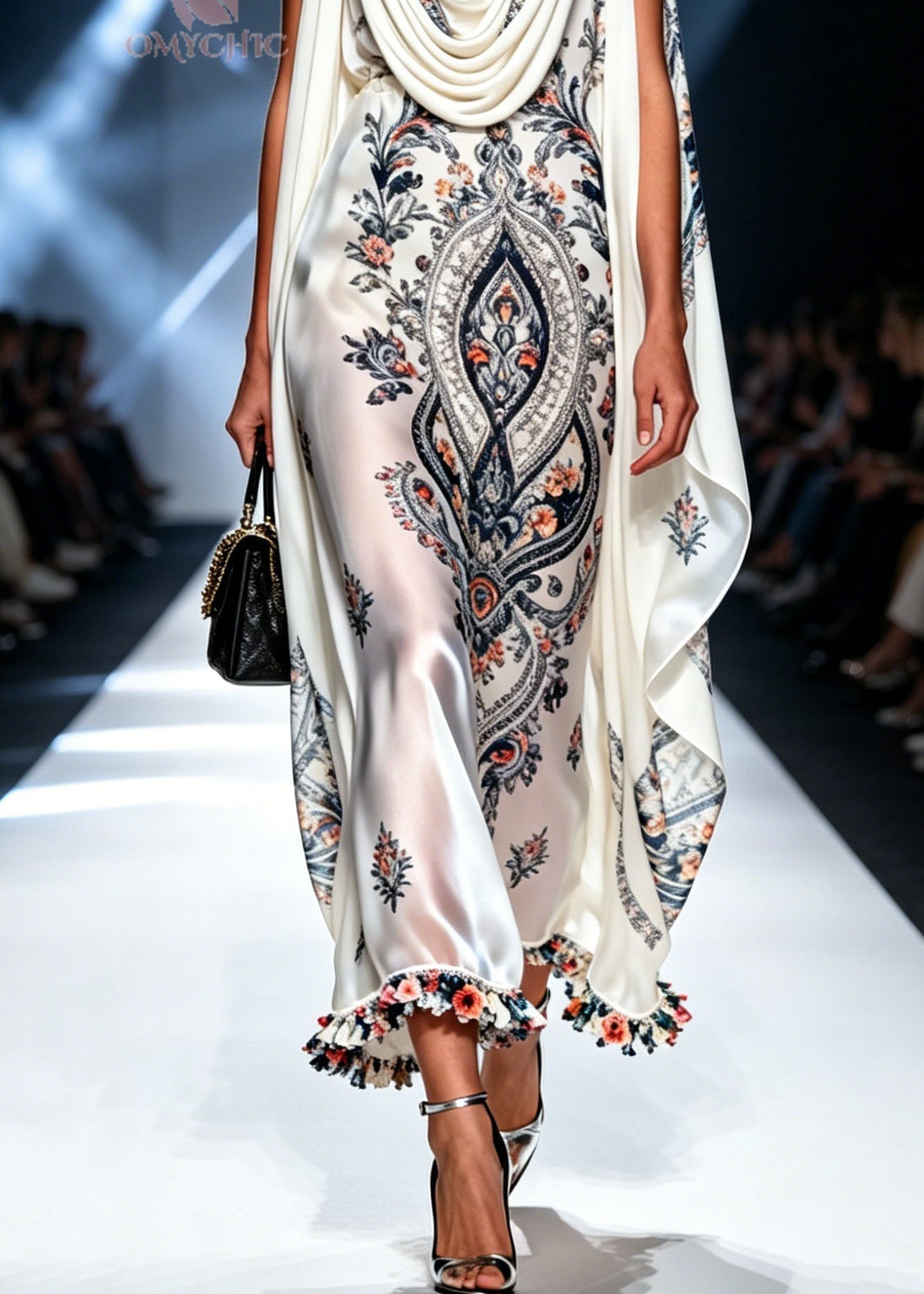 Paisley Floral Print Cowl Neck Shoulder Cape Ruffle Pom Hem Maxi Gown