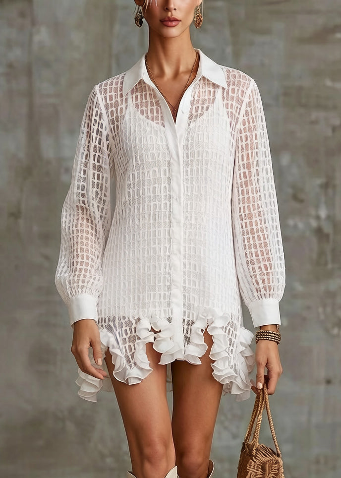 Stylish White Ruffled Hollow Out Tulle Shirt Dress Spring