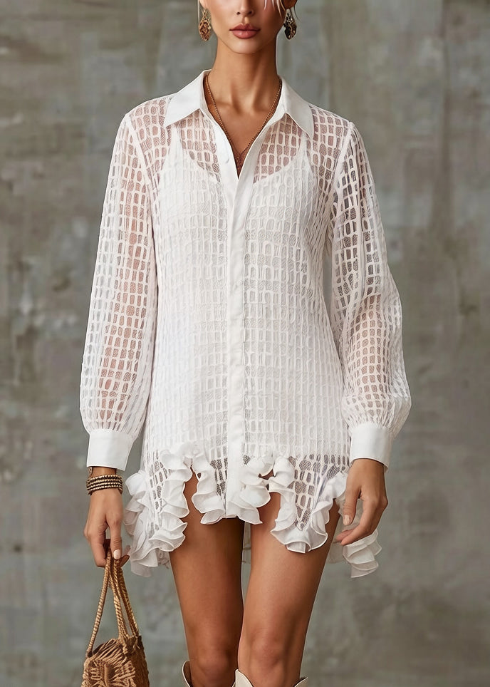 Stylish White Ruffled Hollow Out Tulle Shirt Dress Spring 3