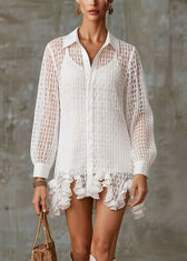 Stylish White Ruffled Hollow Out Tulle Shirt Dress Spring 3
