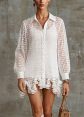 Stylish White Ruffled Hollow Out Tulle Shirt Dress Spring 5