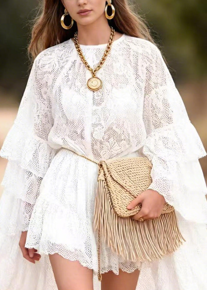 Stylish White Ruffled Patchwork Lace Mid Dress Butterfly Sleeve 2