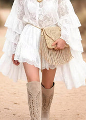 Stylish White Ruffled Patchwork Lace Mid Dress Butterfly Sleeve 4