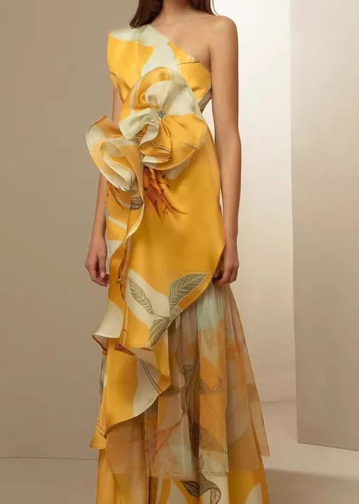 One Shoulder Leaf Print Floral Applique Tiered Sheer Maxi Gown