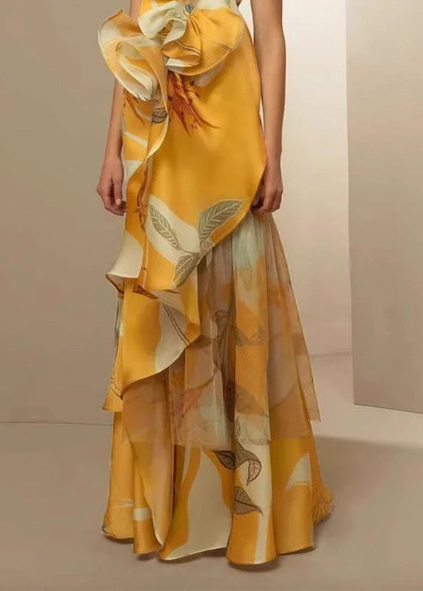 One Shoulder Leaf Print Floral Applique Tiered Sheer Maxi Gown