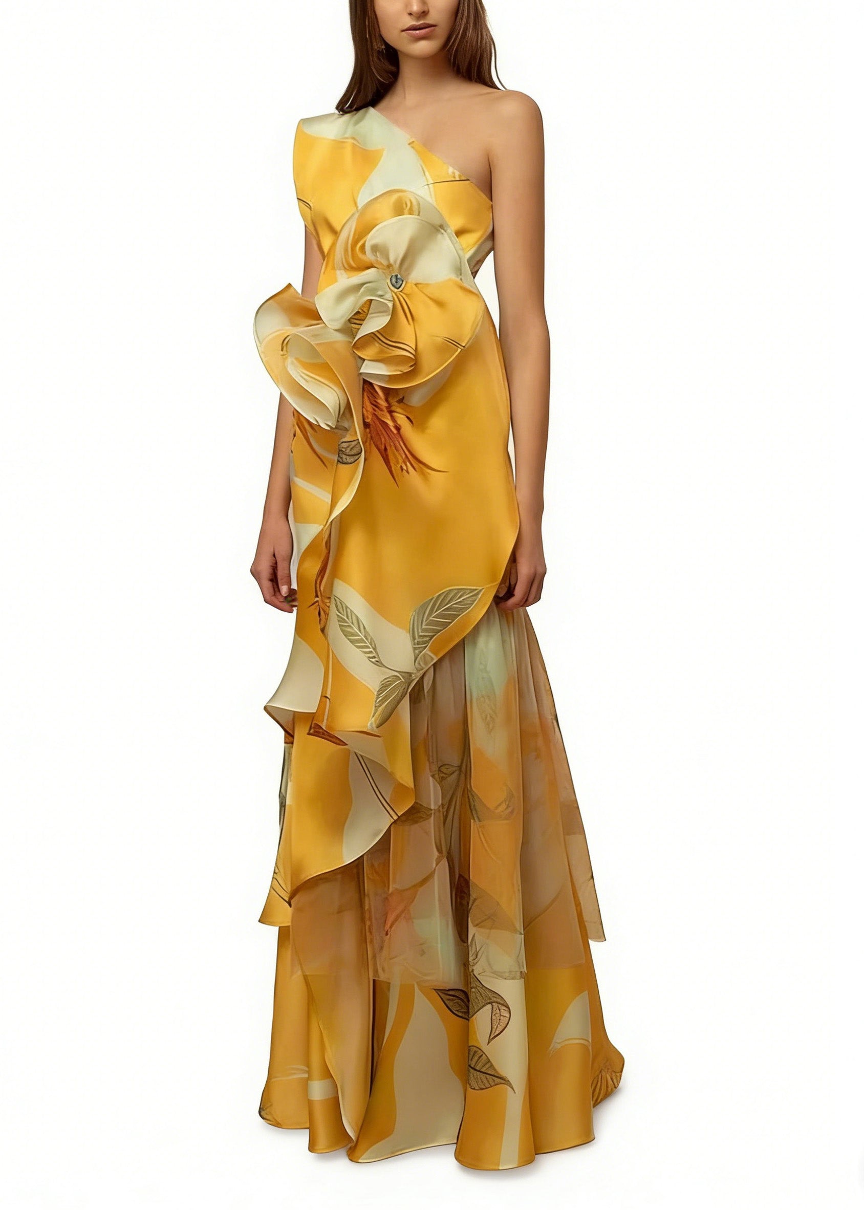 One Shoulder Leaf Print Floral Applique Tiered Sheer Maxi Gown