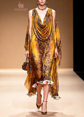Stylish Yellow Cold Shoulder Print Chiffon Maxi Dresses Summer