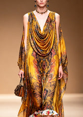 Stylish Yellow Cold Shoulder Print Chiffon Maxi Dresses Summer 2