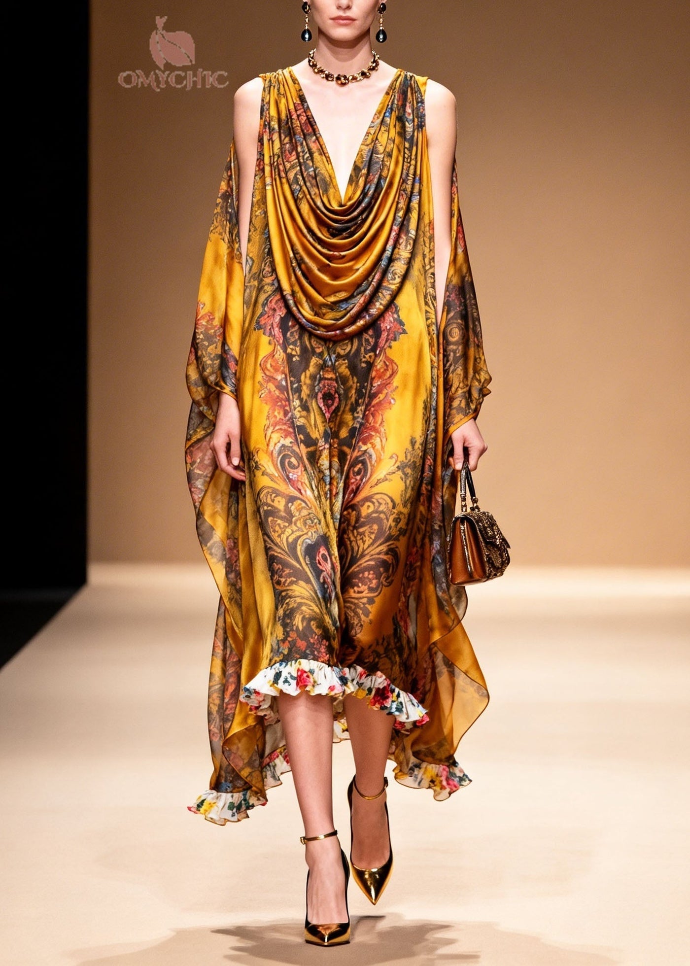 Stylish Yellow Cold Shoulder Print Chiffon Maxi Dresses Summer 3