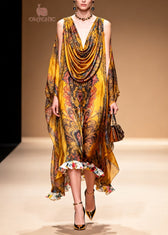 Stylish Yellow Cold Shoulder Print Chiffon Maxi Dresses Summer 3