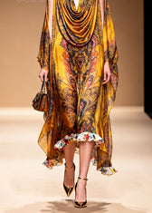 Stylish Yellow Cold Shoulder Print Chiffon Maxi Dresses Summer 5