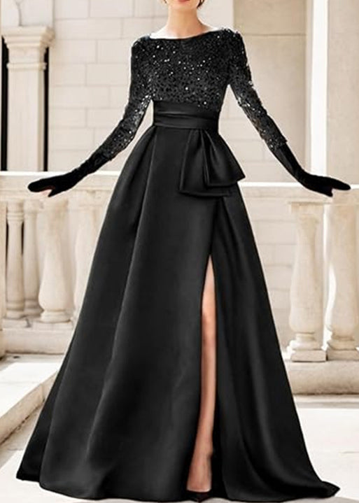 Sequin Boat Neck Long Sleeve Sash Waist High Split A-Line Maxi Gown