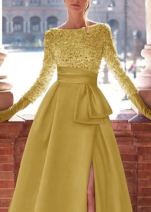 Sequin Boat Neck Long Sleeve Sash Waist High Split A-Line Maxi Gown