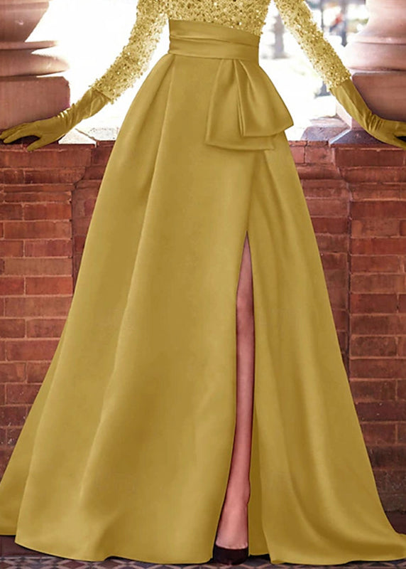 Sequin Boat Neck Long Sleeve Sash Waist High Split A-Line Maxi Gown