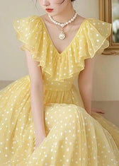 Stylish Yellow V Neck Ruffled Print Chiffon Long Dress Summer 5