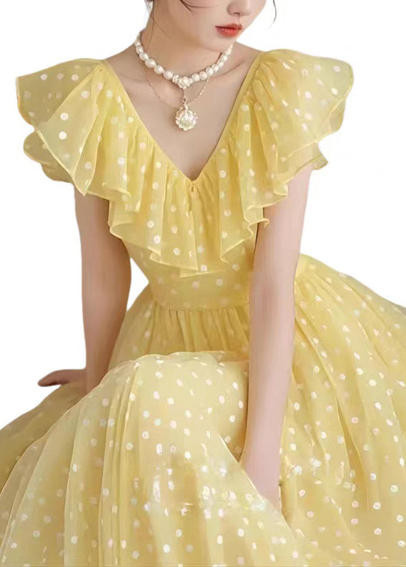 Stylish Yellow V Neck Ruffled Print Chiffon Long Dress Summer 6