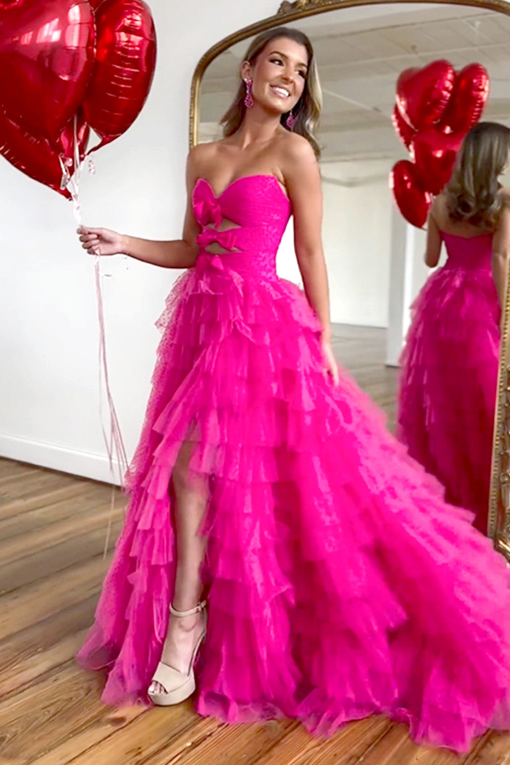 Fuchsia A-Line Sweetheart Tulle Long Prom Dress With Slit And Bowknot