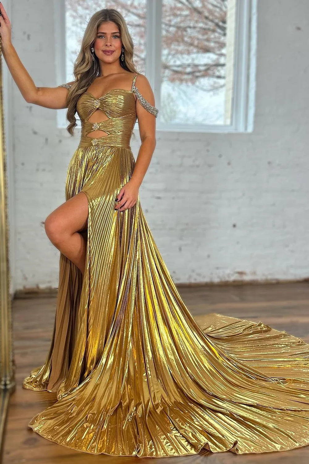 Stylish Gold A-Line Beaded Off The Shoulder Long Metallic Prom Dress With Slit