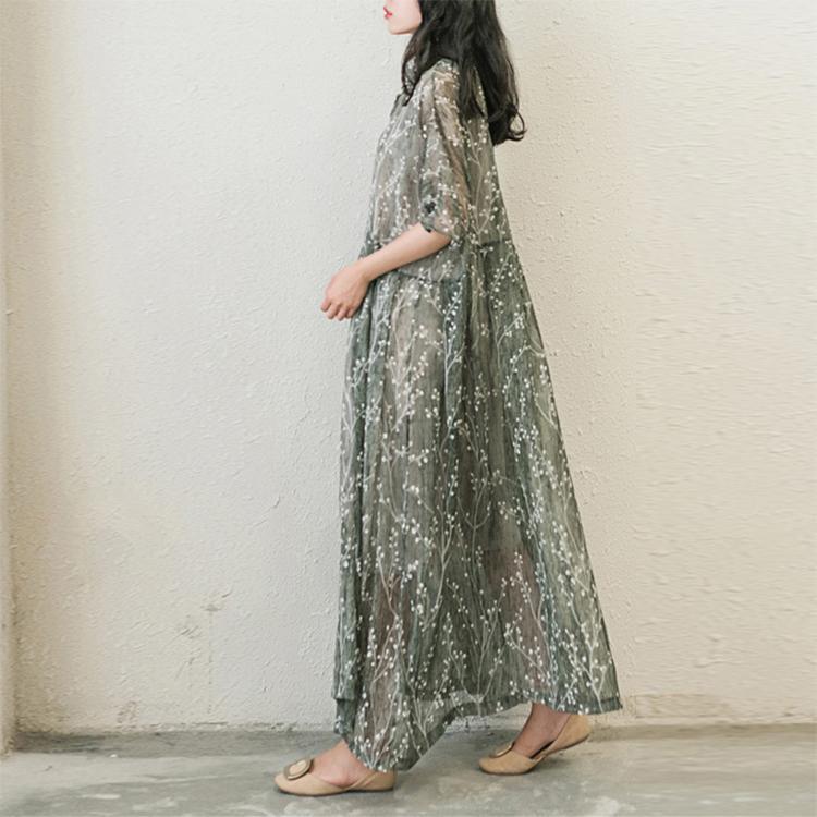 Stylish Print Chiffon Dresses Plus Size Casual Sundress Button Half Sleeve Maxi Dress