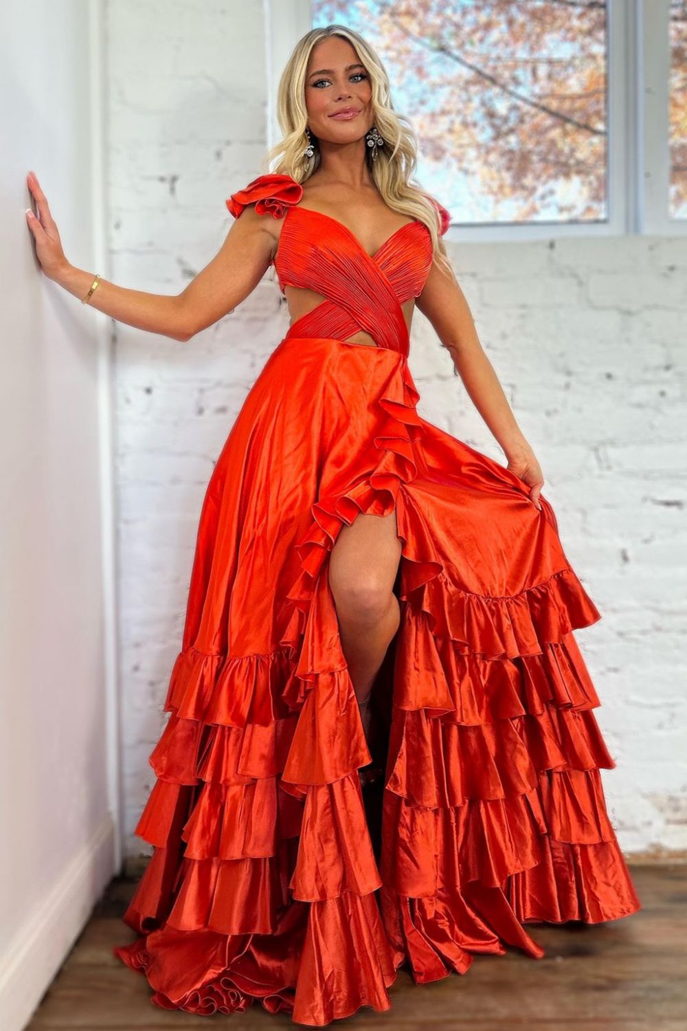 Satin Red A-Line Cutout Waist V-Neck Tiered Prom Dress With Split