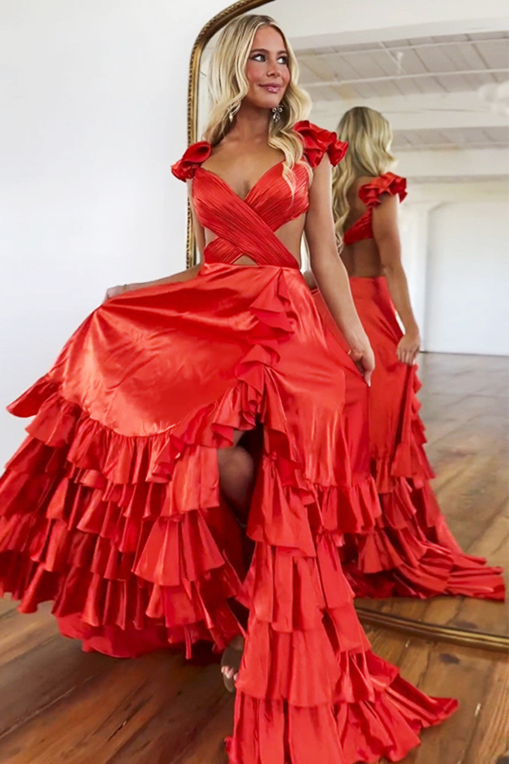 Satin Red A-Line Cutout Waist V-Neck Tiered Prom Dress With Split