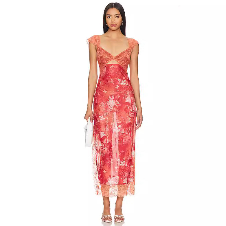 Floral Lace Trim Cut Out Slip Midi Dress 5
