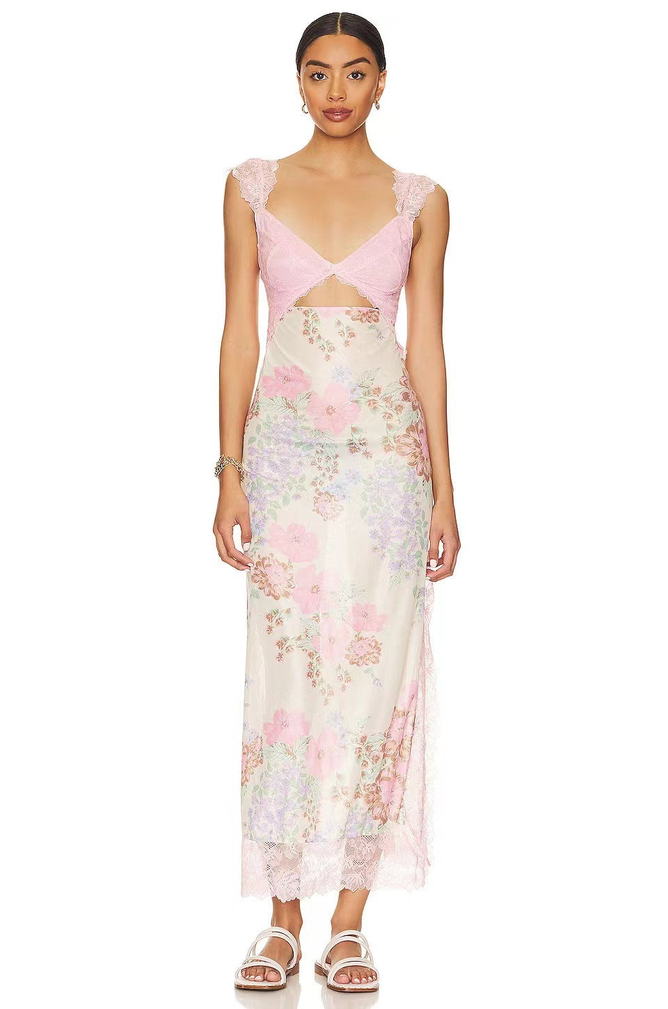 Floral Lace Trim Cut Out Slip Midi Dress
