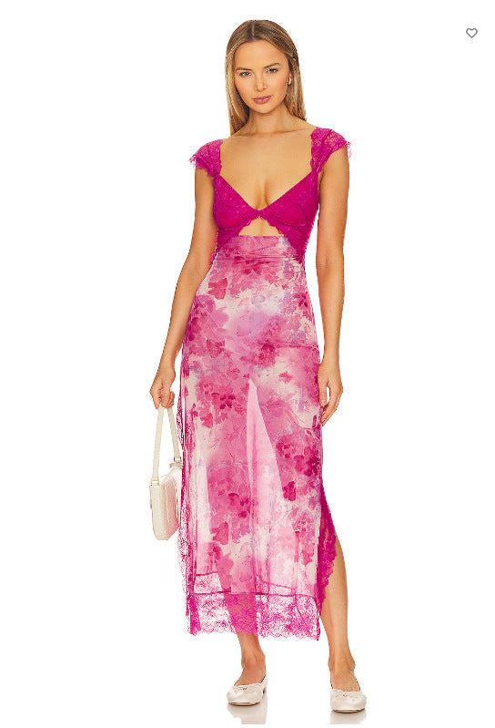 Floral Lace Trim Cut Out Slip Midi Dress 13