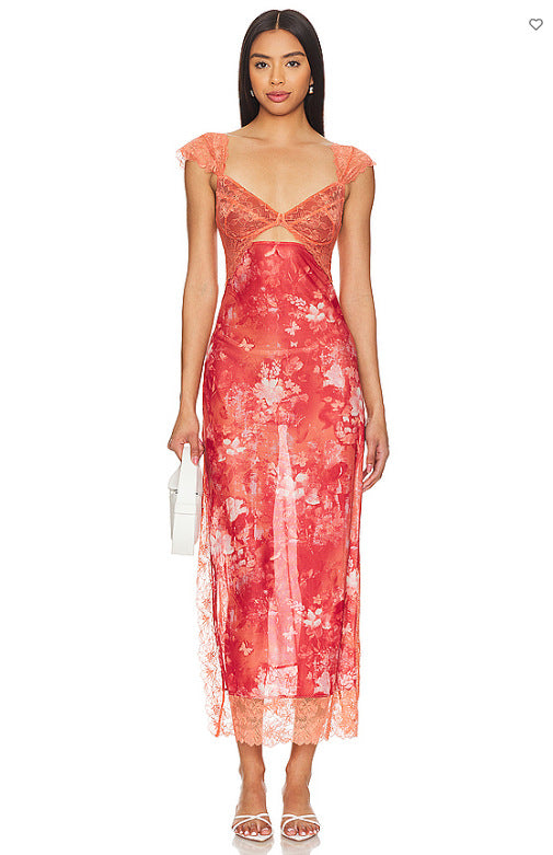 Floral Lace Trim Cut Out Slip Midi Dress 15