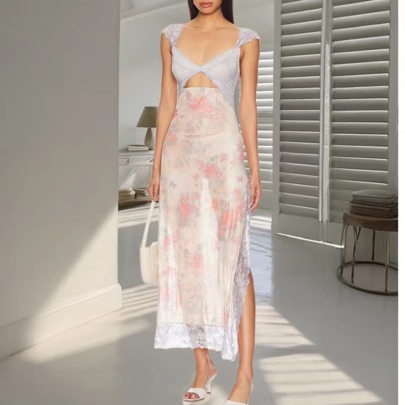 Floral Lace Trim Cut Out Slip Midi Dress 17