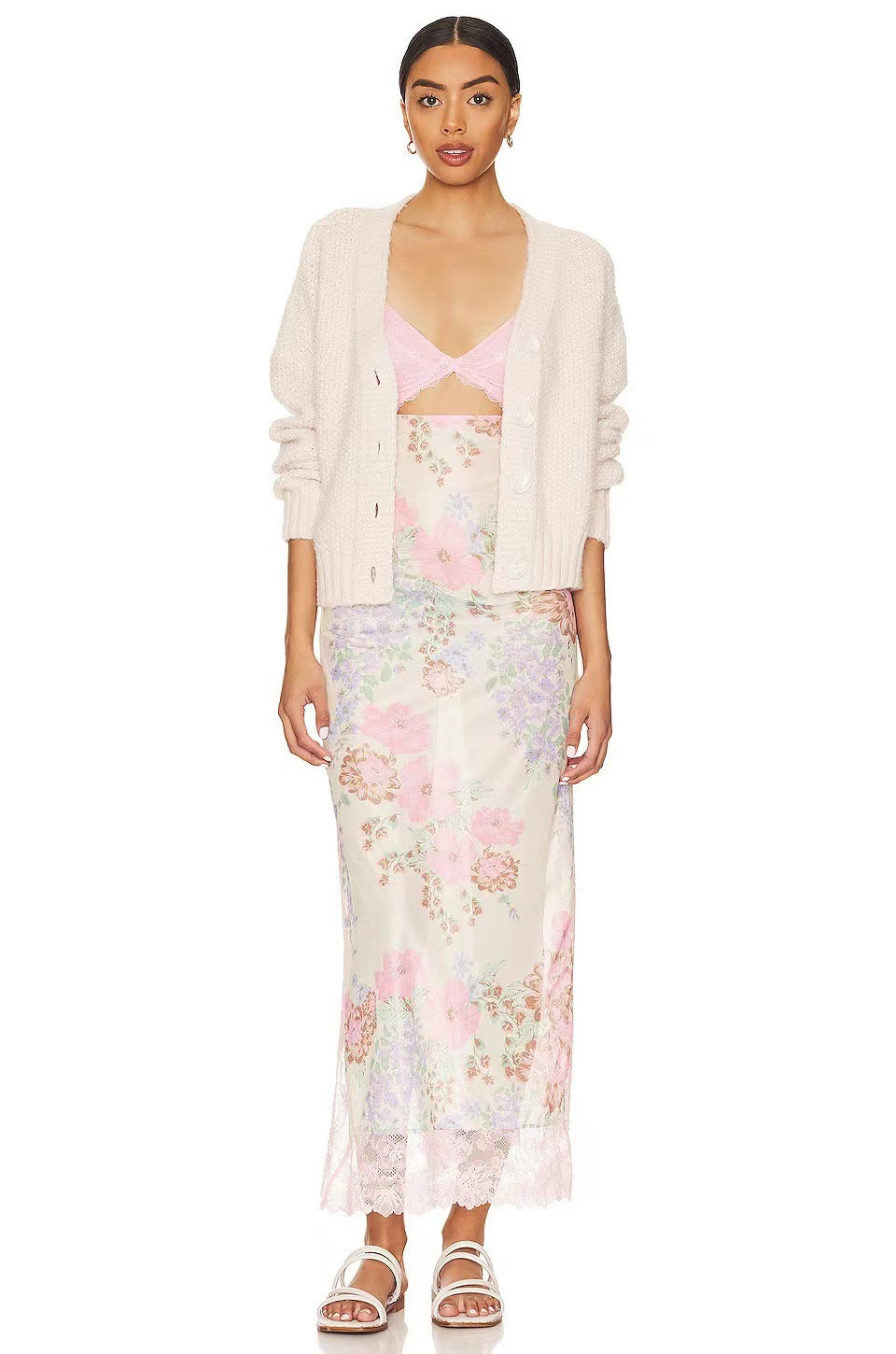 Floral Lace Trim Cut Out Slip Midi Dress 21
