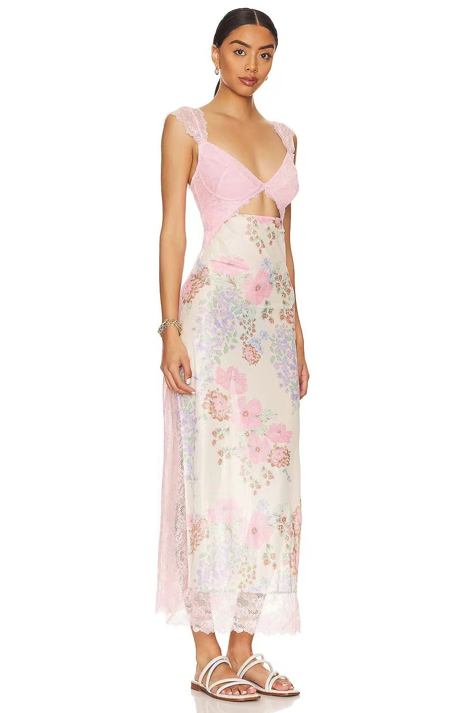 Floral Lace Trim Cut Out Slip Midi Dress 25