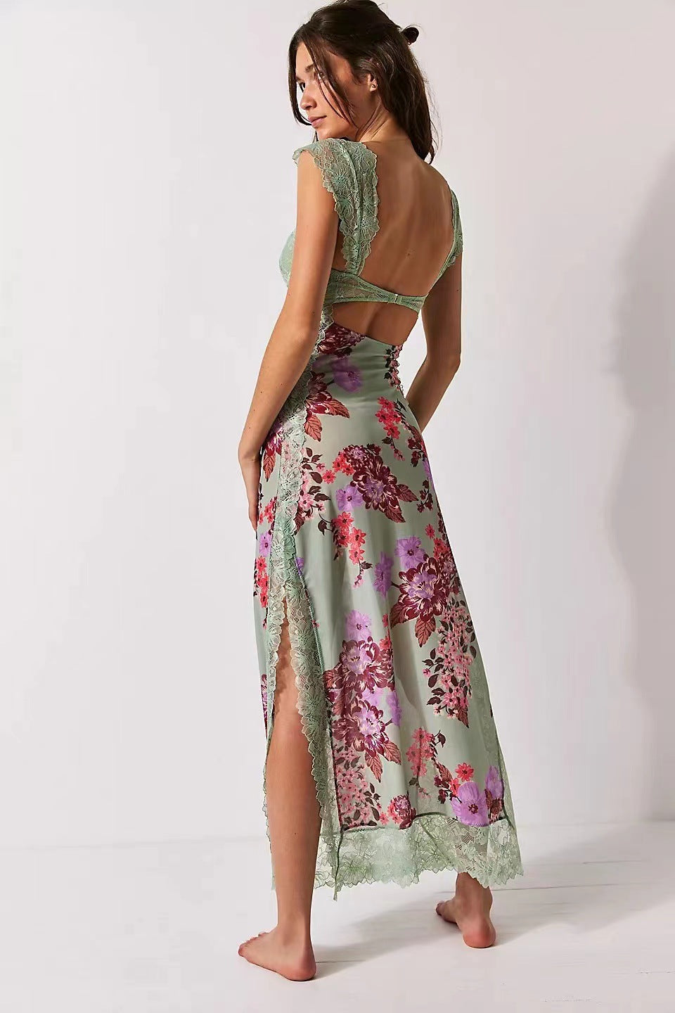 Floral Lace Trim Cut Out Slip Midi Dress 27