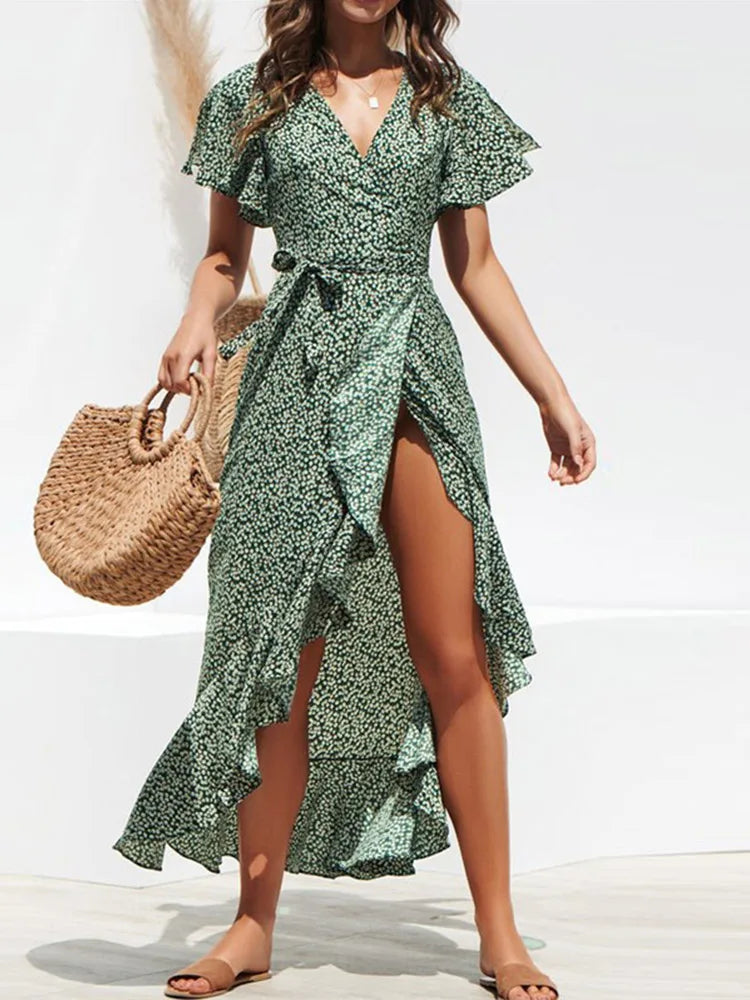 Summer Beach Floral Boho Chiffon Ruffles Wrap VNeck Split Robe Femme Midi Dresses