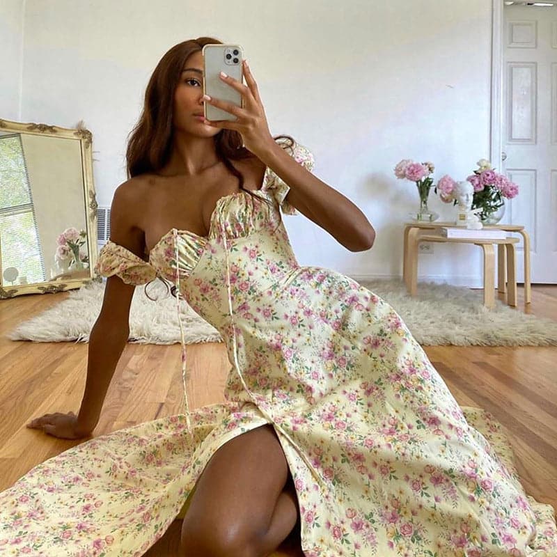 Square Neck Puff Sleeve Ruched Tie Front High Split Floral Maxi Dress