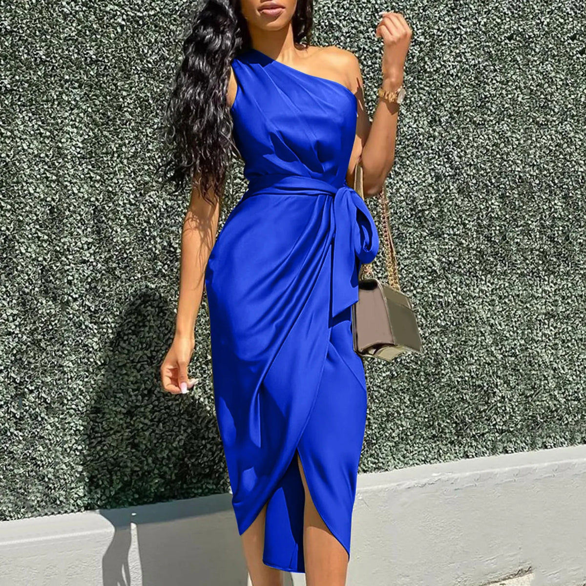Satin One Shoulder Tie Waist Wrap Front Split Midi Dress 2