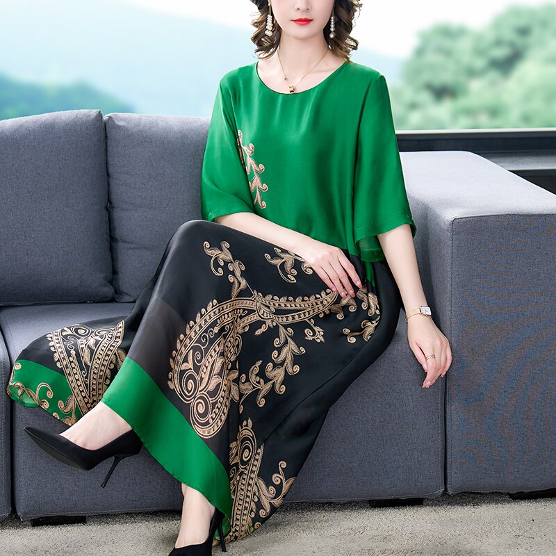 Paisley Print Round Neck Half Sleeve Color Block Panel Loose Midi Dress