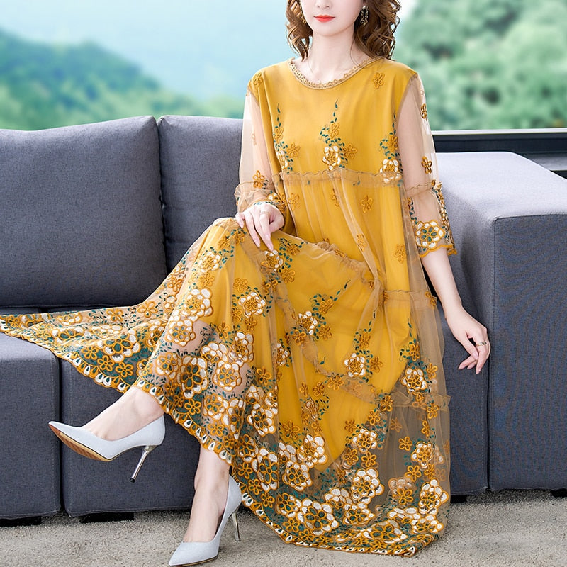 Mesh Overlay Floral Embroidery Tiered Bell Sleeve Scalloped Hem Midi Dress