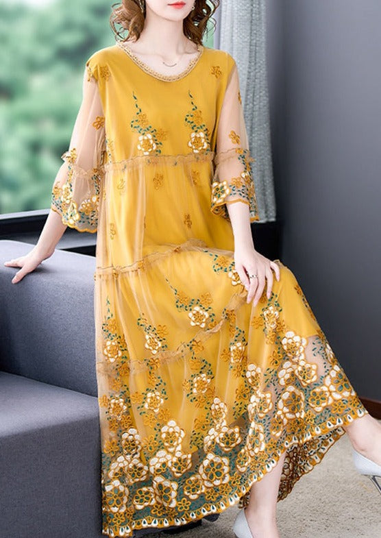 Mesh Overlay Floral Embroidery Tiered Bell Sleeve Scalloped Hem Midi Dress