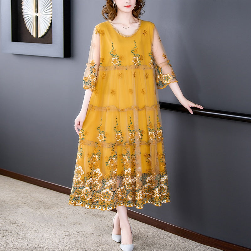 Mesh Overlay Floral Embroidery Tiered Bell Sleeve Scalloped Hem Midi Dress