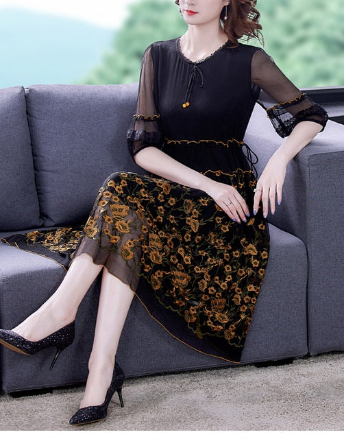 Floral Embroidery Round Neck Puff Sleeve Tiered A-Line Midi Dress