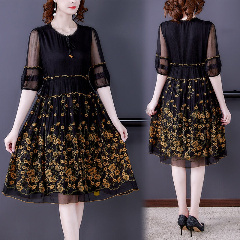 Floral Embroidery Round Neck Puff Sleeve Tiered A-Line Midi Dress
