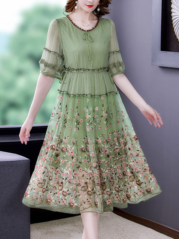 Floral Embroidery Round Neck Puff Sleeve Tiered A-Line Midi Dress