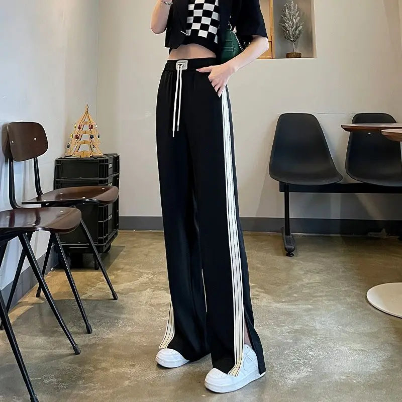 Triple Side Stripe Elastic Waist Loose Straight Leg Track Pants 7