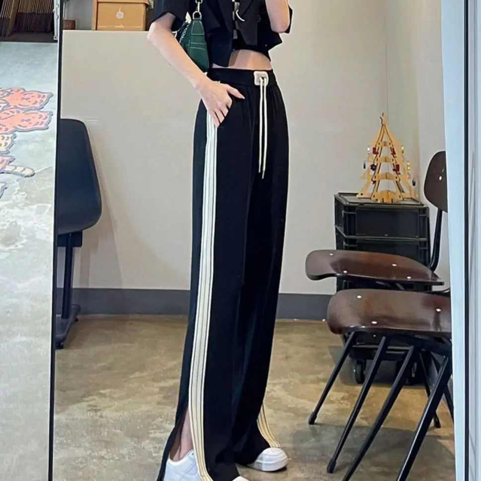 Triple Side Stripe Elastic Waist Loose Straight Leg Track Pants 5