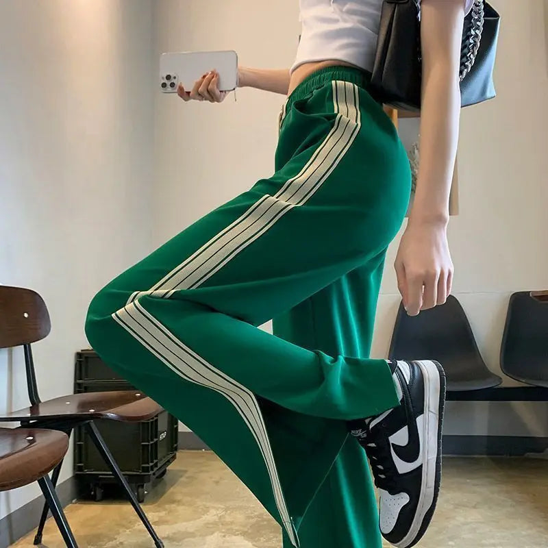 Triple Side Stripe Elastic Waist Loose Straight Leg Track Pants