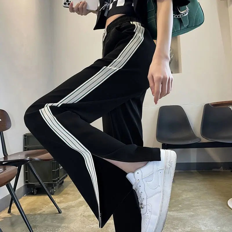 Triple Side Stripe Elastic Waist Loose Straight Leg Track Pants 3