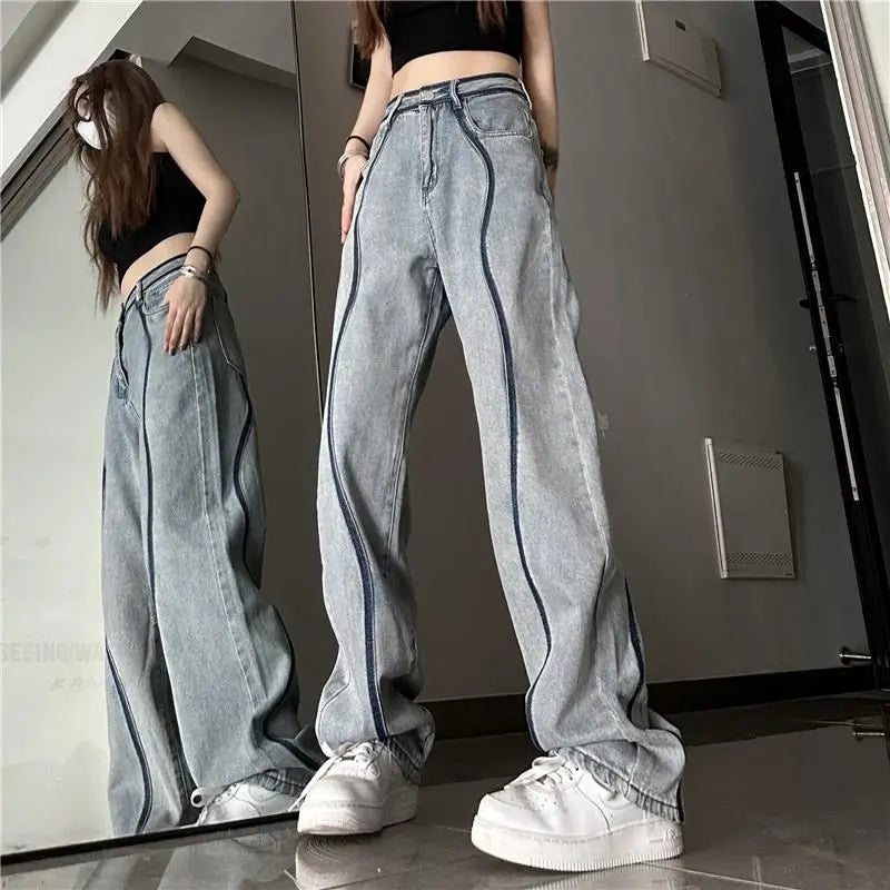 High Waist Contrast Curved Seam Washed Wide Leg Jeans